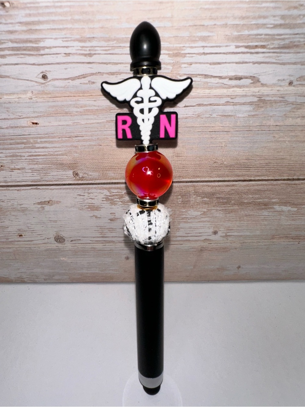 STYLUS PEN - RN Caduceus Nurse Beaded - Black with Pink and Red Accents